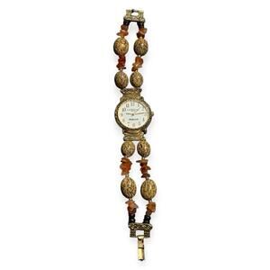 VTG Ladies Wood Beaded Round Gold Tone Watch LA Express Naturals Quartz WORKS